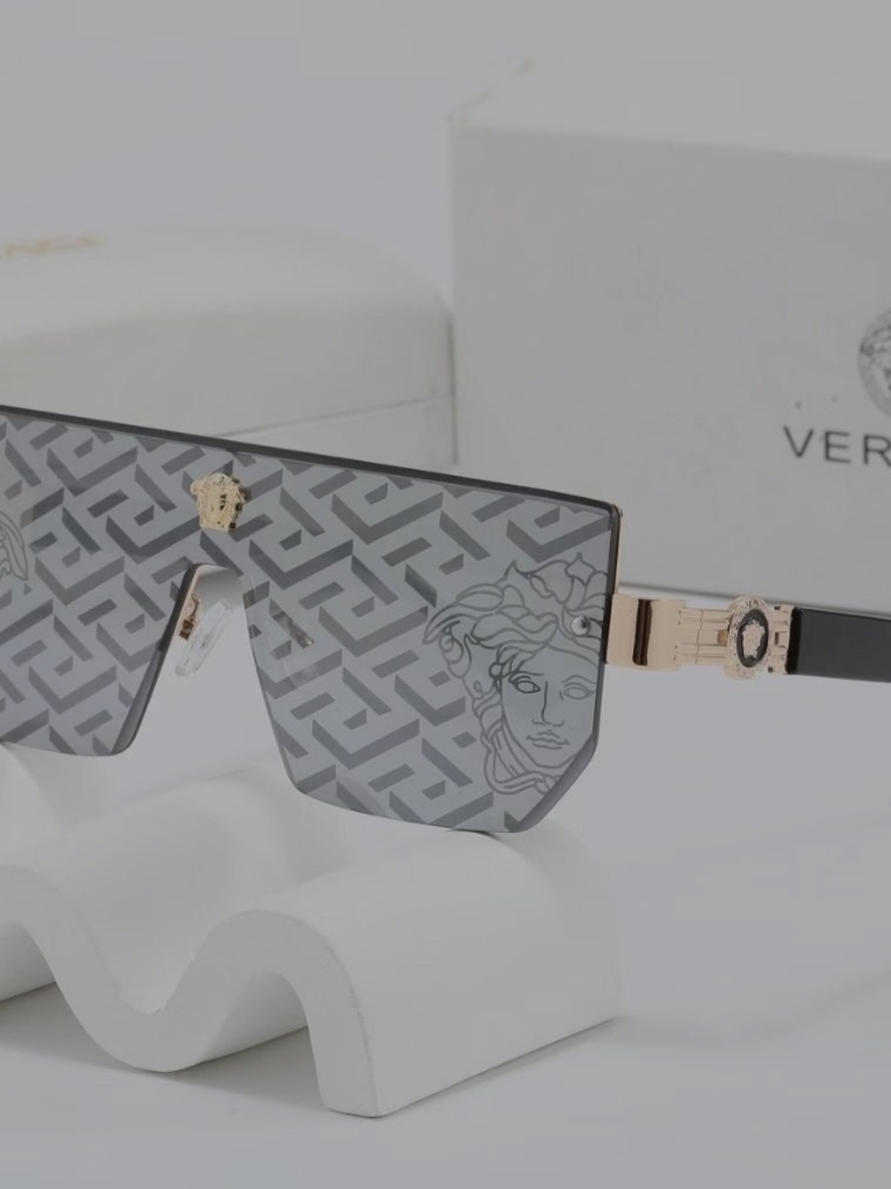 Super Sunglasses Black Shield Sunglasses with Gold Accents